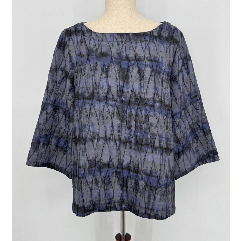 Beau Jours Blouse Small Blue Black Crinkle Texture Top Art To Wear Lagenlook